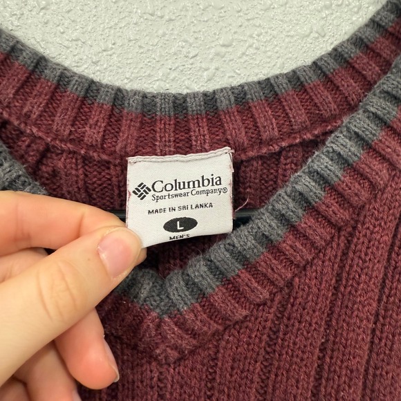 Columbia Sportswear V Neck Sweater Burgundy Ribbed Knit Mens Size L Cotton - Picture 3 of 6
